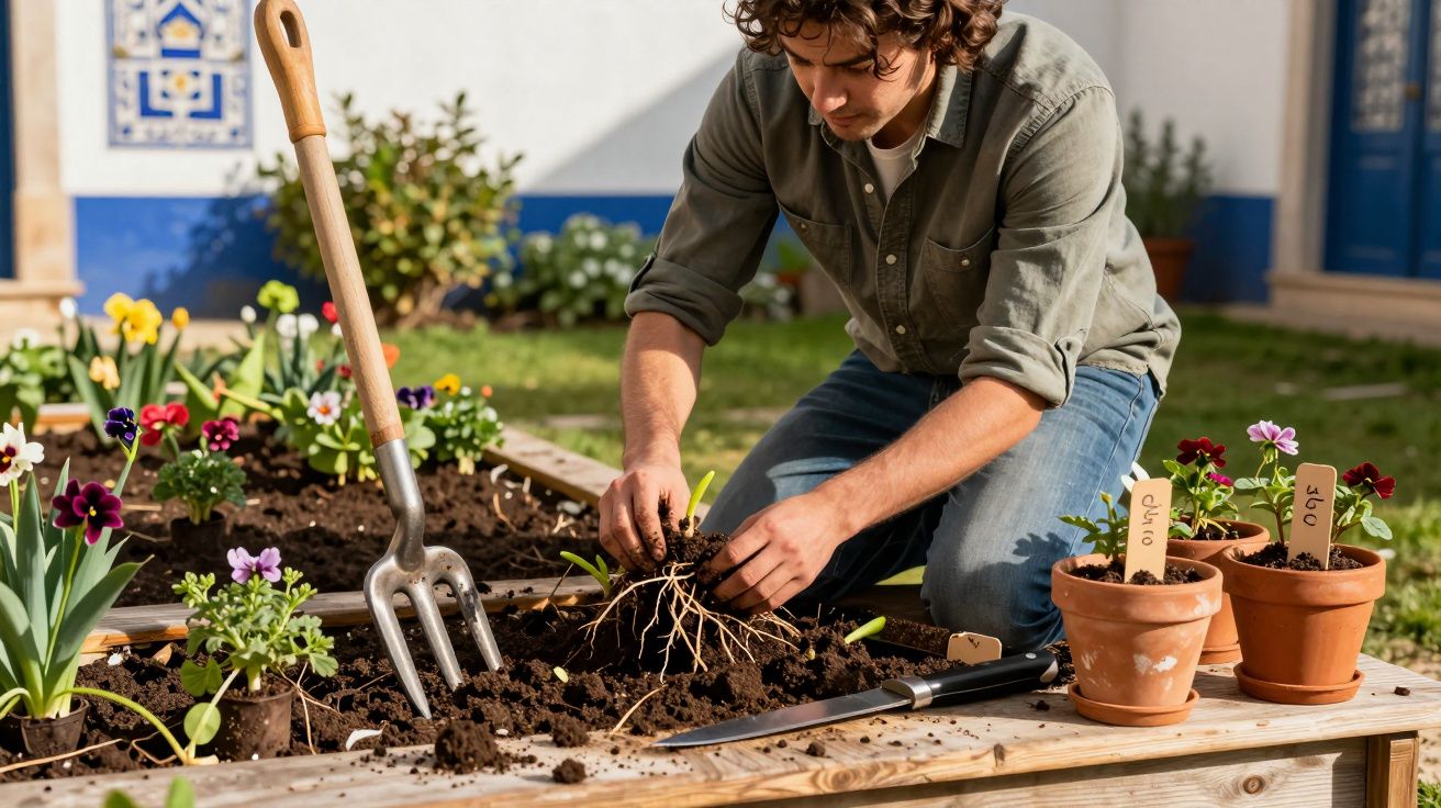 Homem a plantar flores numa horta elevada com ferramentas de jardinagem ao lado, ao ar livre.