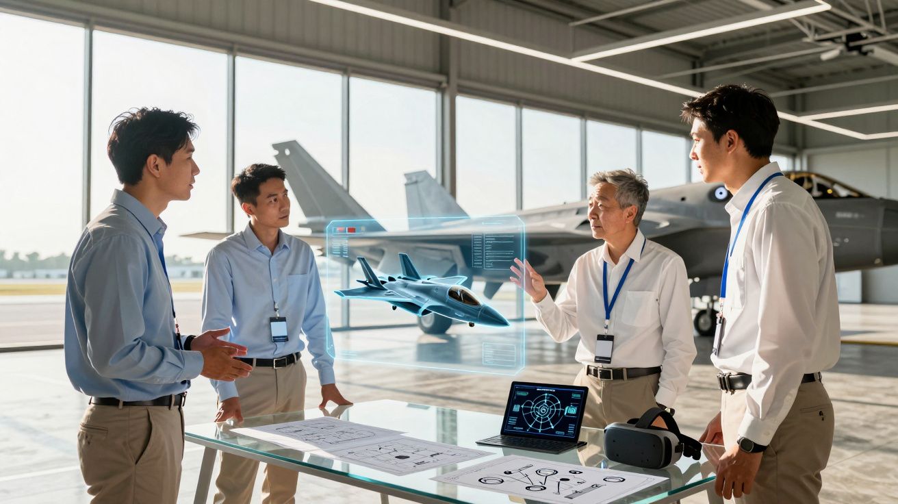 Quatro engenheiros a discutir projeto de avião com realidade aumentada numa hangar com aviões militares.