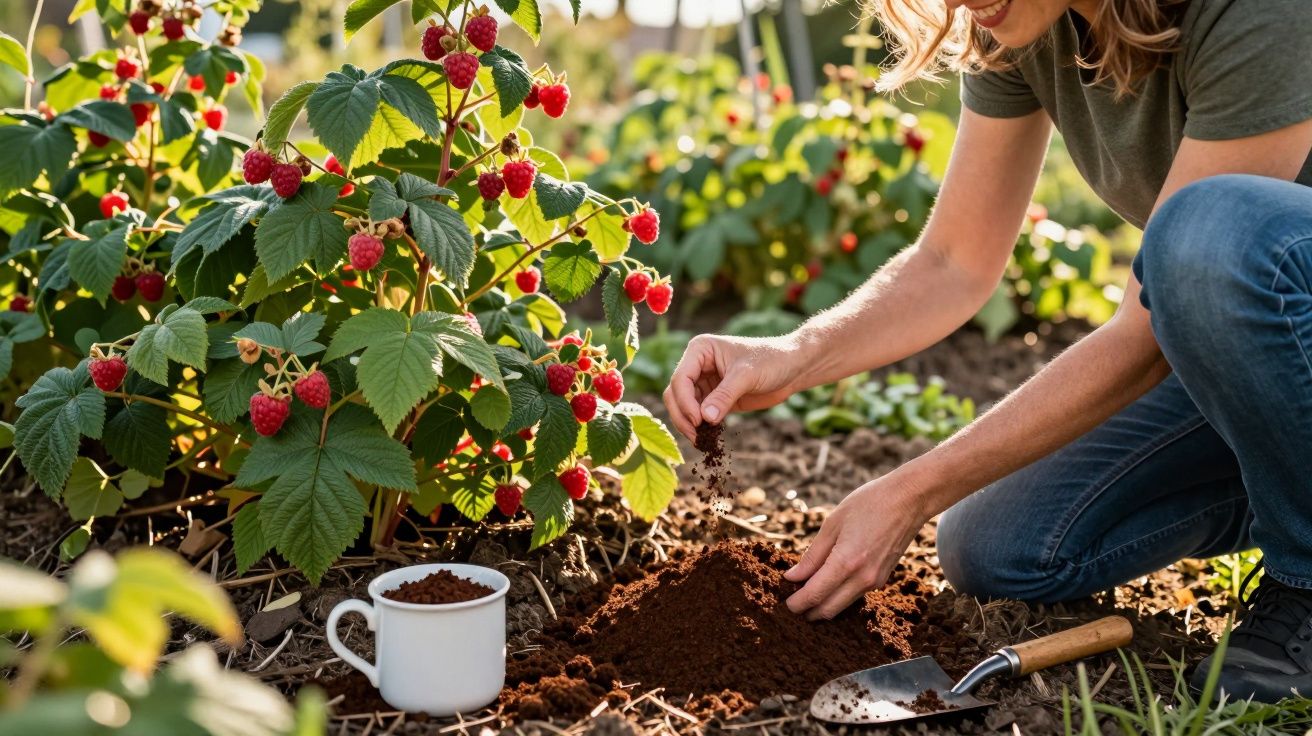 Pessoa a preparar terra junto a um arbusto de framboesas vermelhas num jardim ensolarado.