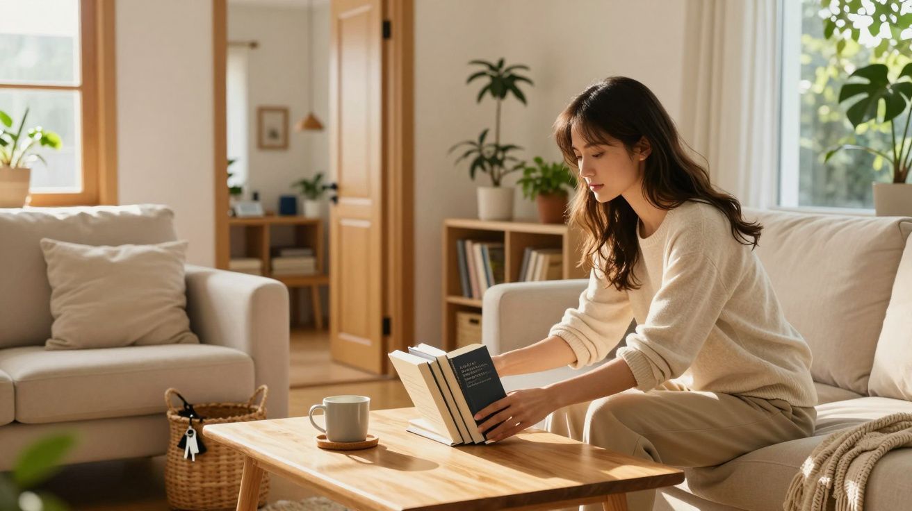 Mulher sentada no sofá a organizar livros numa sala iluminada e acolhedora com plantas e xícara na mesa.