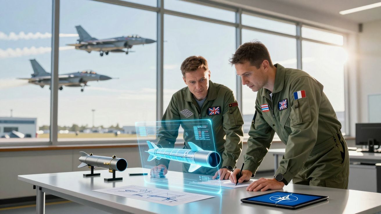 Dois militares analisam projeção holográfica de míssil em escritório com jatos a voar na janela.
