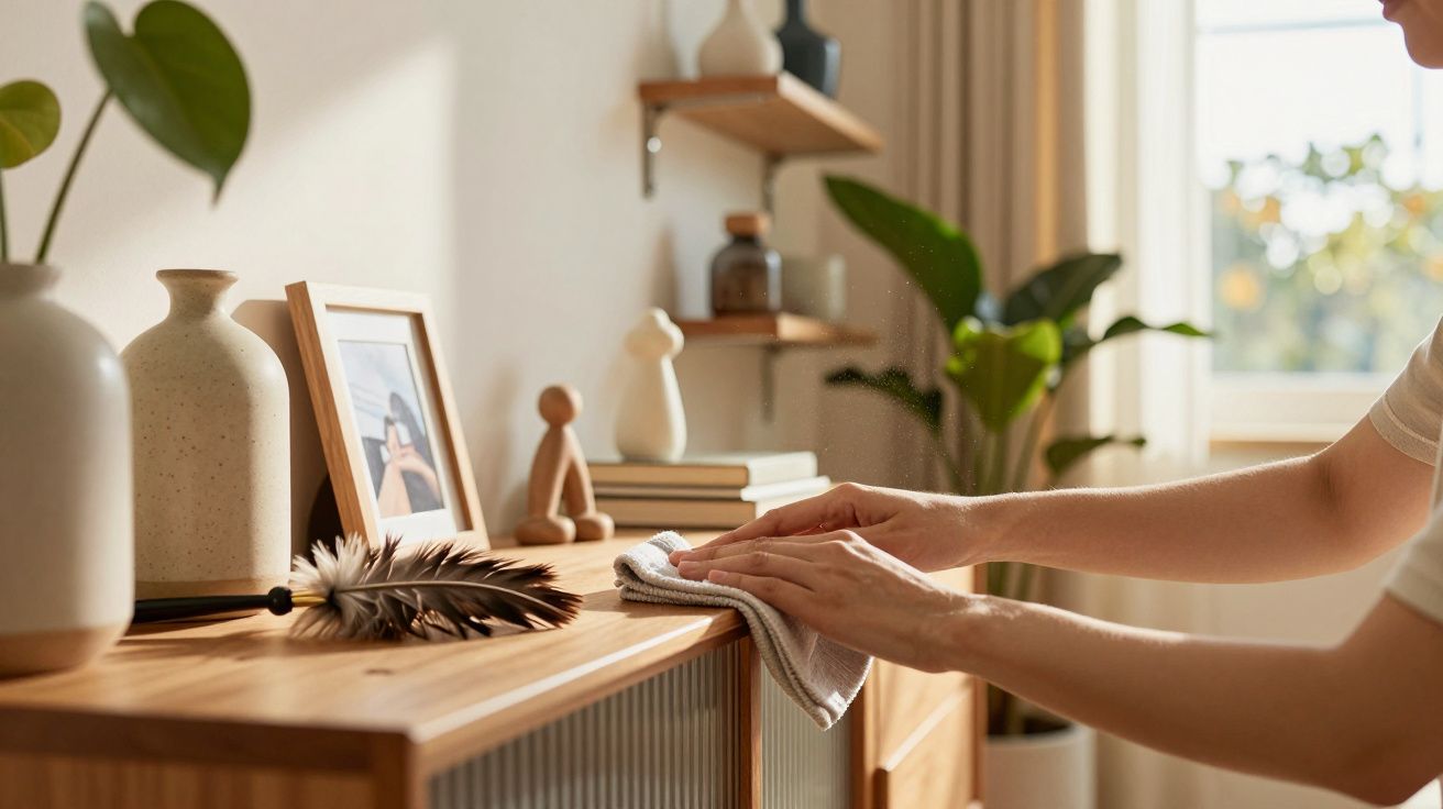 Pessoa a limpar um móvel de madeira com um pano, ao lado de vasos, livros e uma moldura de fotografia.