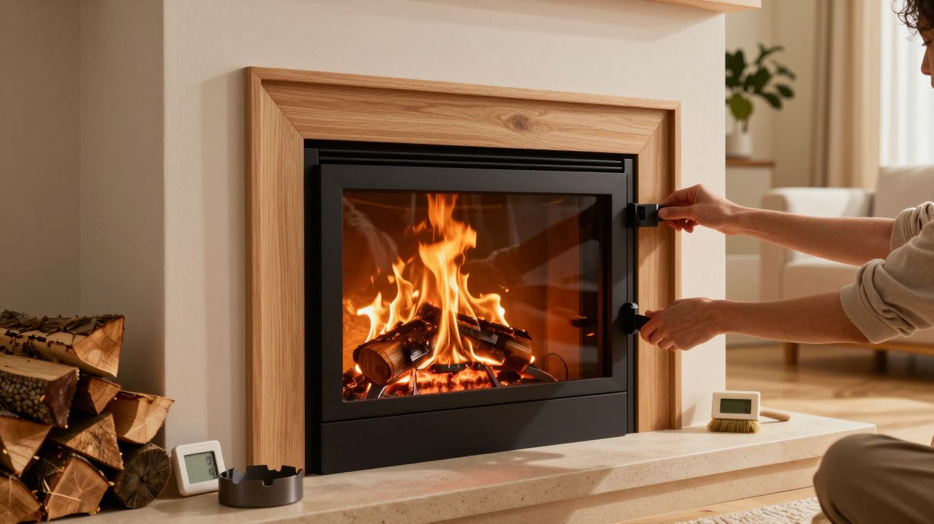 Lareira moderna embutida com fogo aceso e pessoa a abrir a porta, com lenha empilhada ao lado.