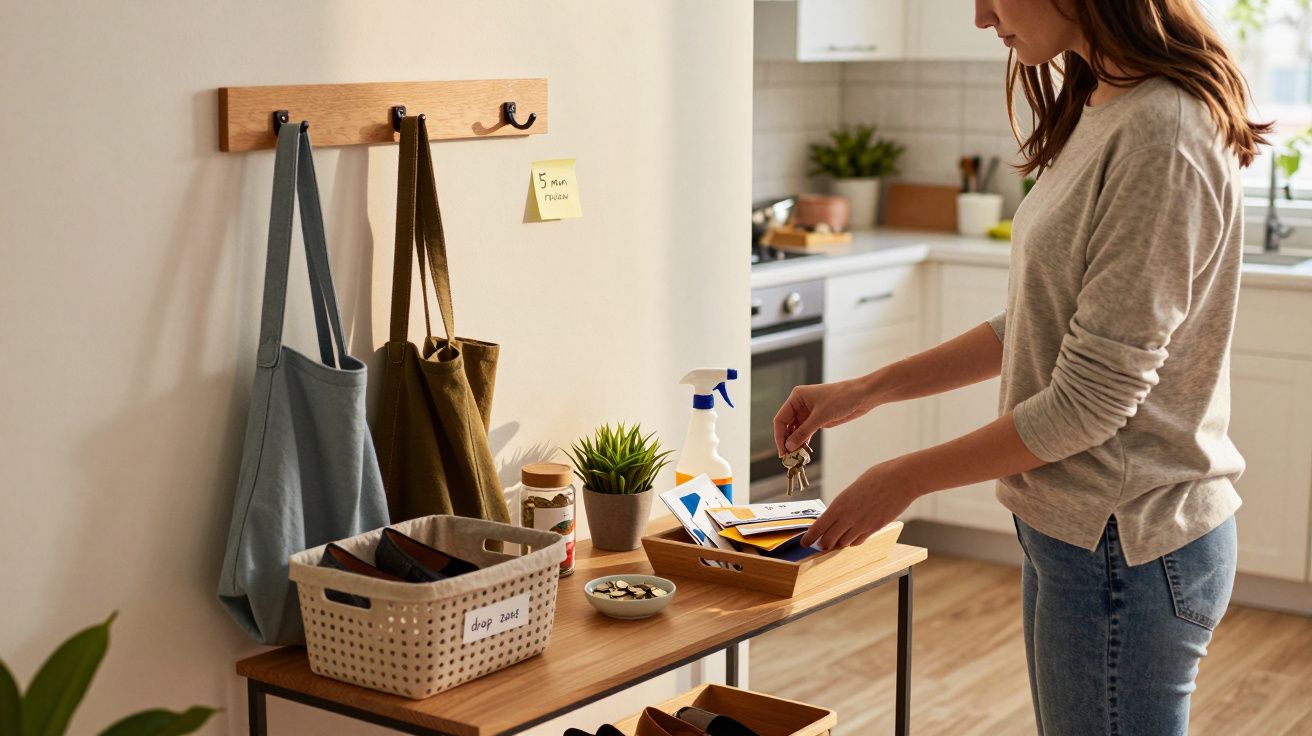 Mulher organiza cartas num hall com mesa, bolsas penduradas e ambiente de cozinha ao fundo.