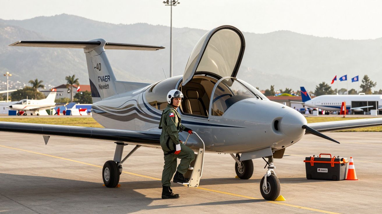 Piloto com fato verde e capacete branco entra num avião monomotor cinzento numa pista de aeroporto.