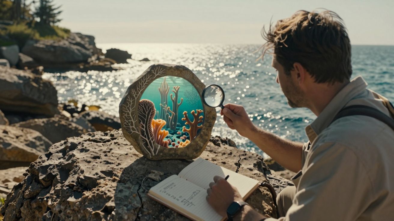 Homem observa corais coloridos através de lupa numa pedra junto ao mar ao entardecer.