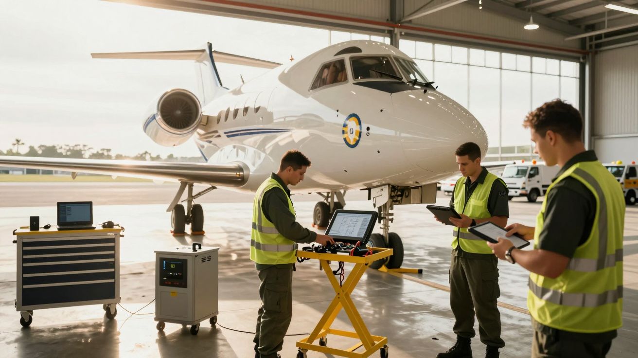Três técnicos em coletes refletores realizam manutenção num jato privado dentro de um hangar.
