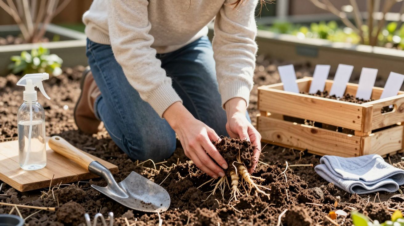 Pessoa a plantar raízes na terra com ferramentas de jardinagem e etiquetas em caixa de madeira ao lado.