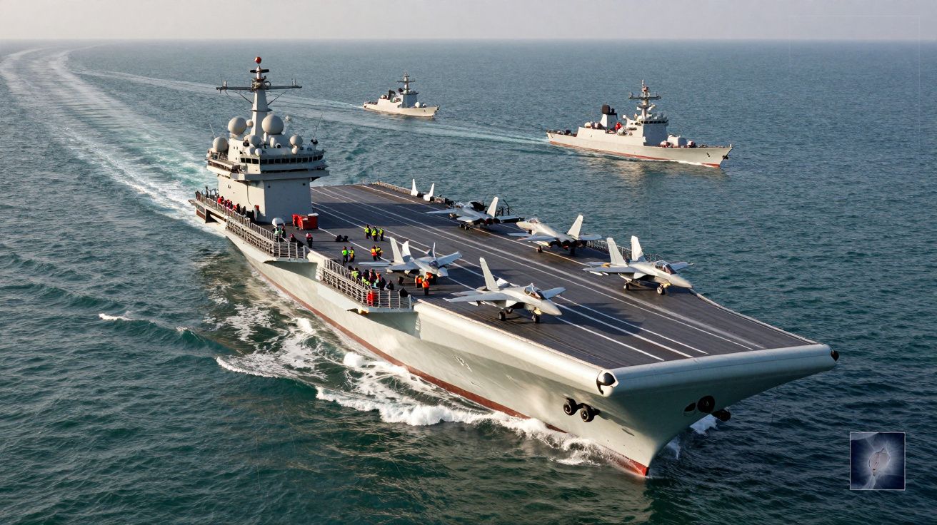 Porta-aviões em movimento no mar com vários caças no convés e dois navios militares ao fundo.