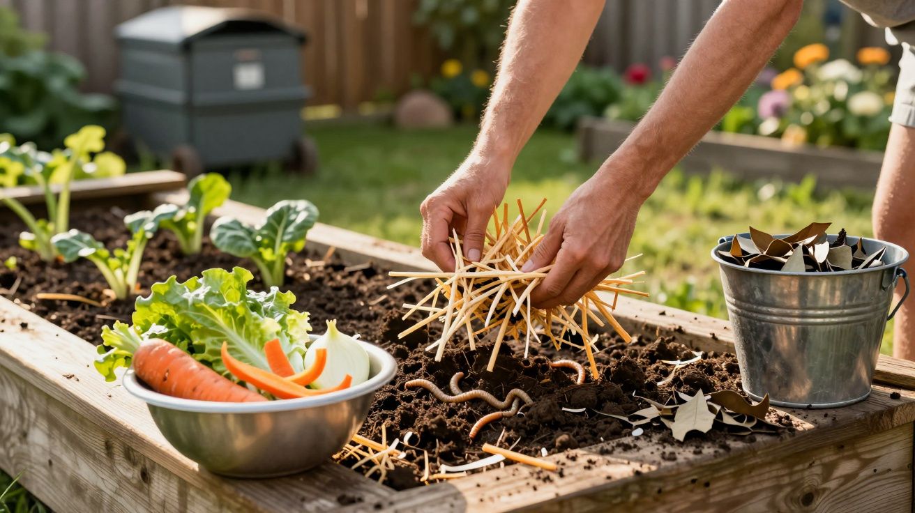 Mãos a preparar canteiro de legumes com compostagem, minhocas, legumes frescos e restos orgânicos ao ar livre.