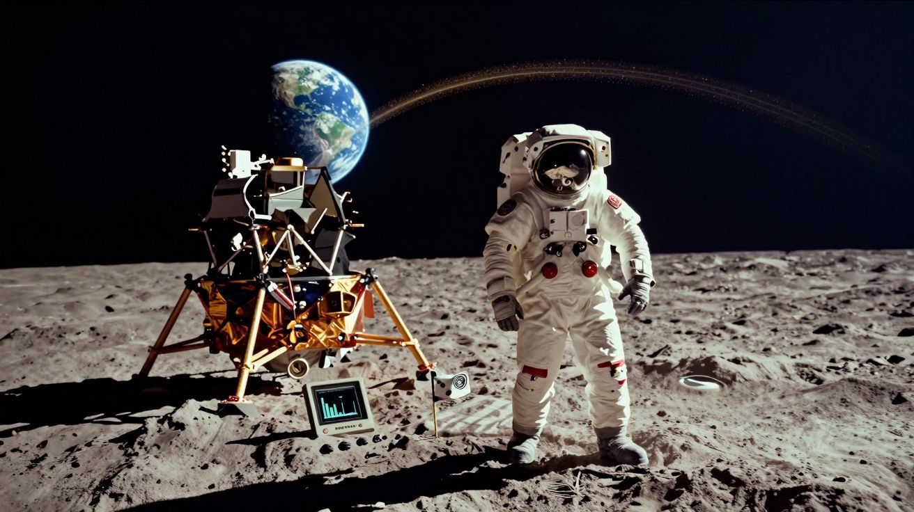 Astronauta em fato espacial na superfície lunar com módulo lunar e Terra visível ao fundo.