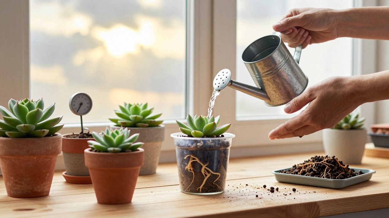 Mãos a regar uma suculenta em vaso de plástico junto a outras plantas em vasos de barro num peitoril com luz natural.