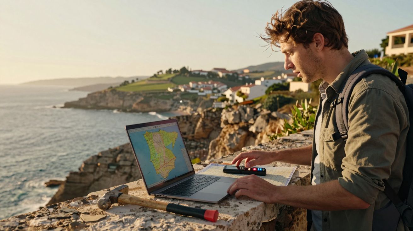 Homem com mochila usa computador portátil e mapas numa paisagem costeira rochosa ao pôr do sol.