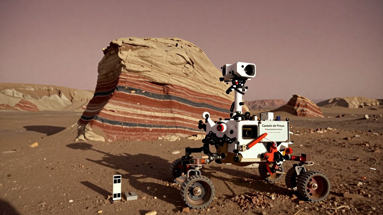 Rover exploratório num terreno árido com rochas estratificadas e céu rosado.