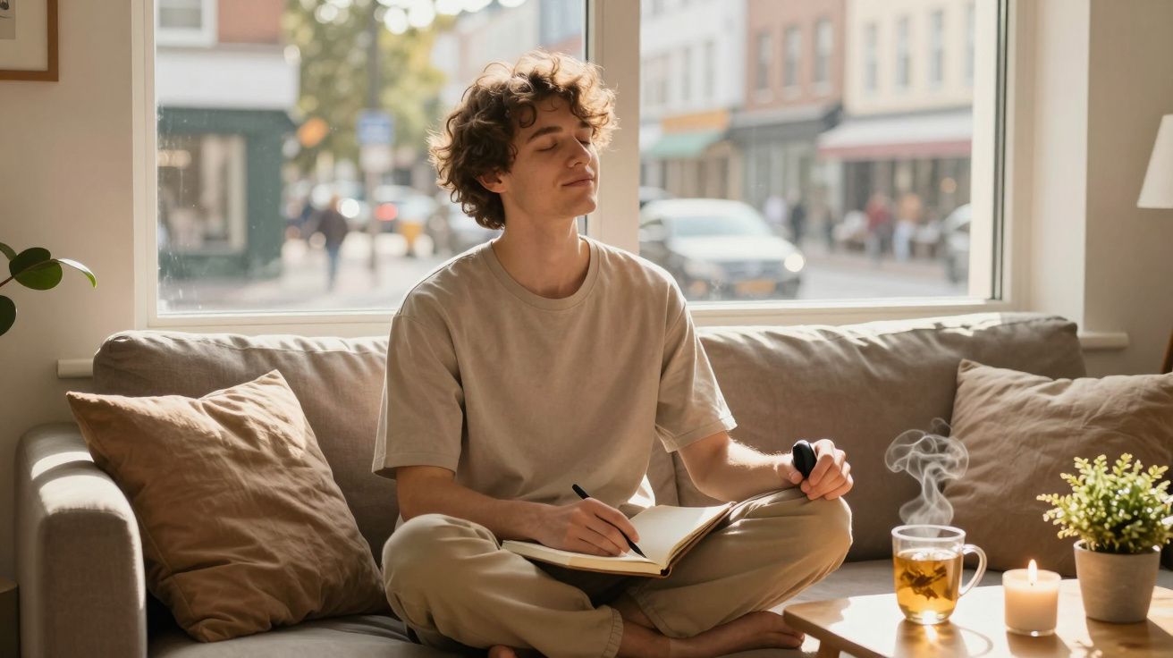 Pessoa sentada de pernas cruzadas no sofá a escrever num caderno, ao lado chá quente e vela acesa.