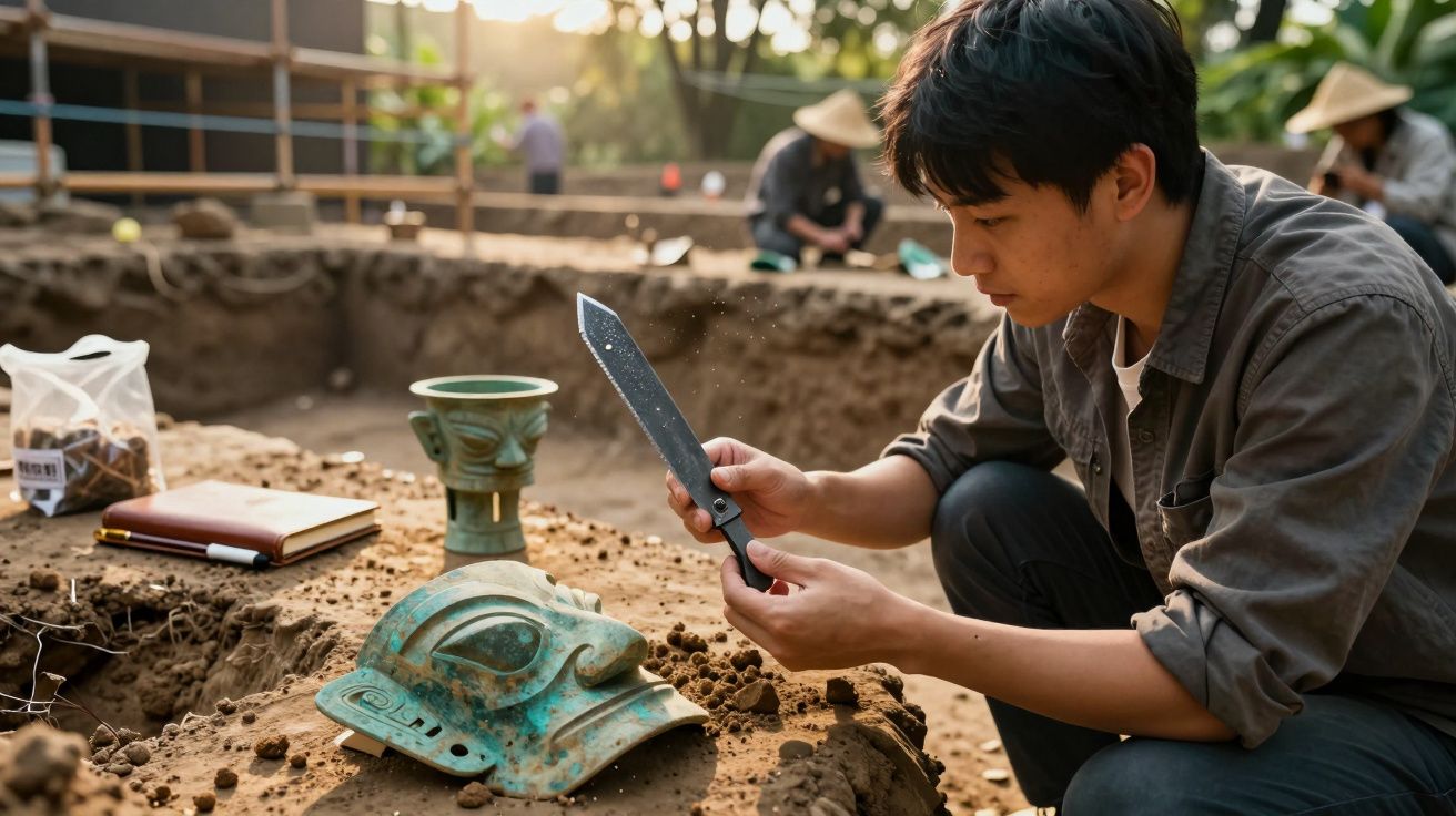 Arqueólogo a examinar uma máscara antiga durante escavação ao ar livre ao pôr do sol.