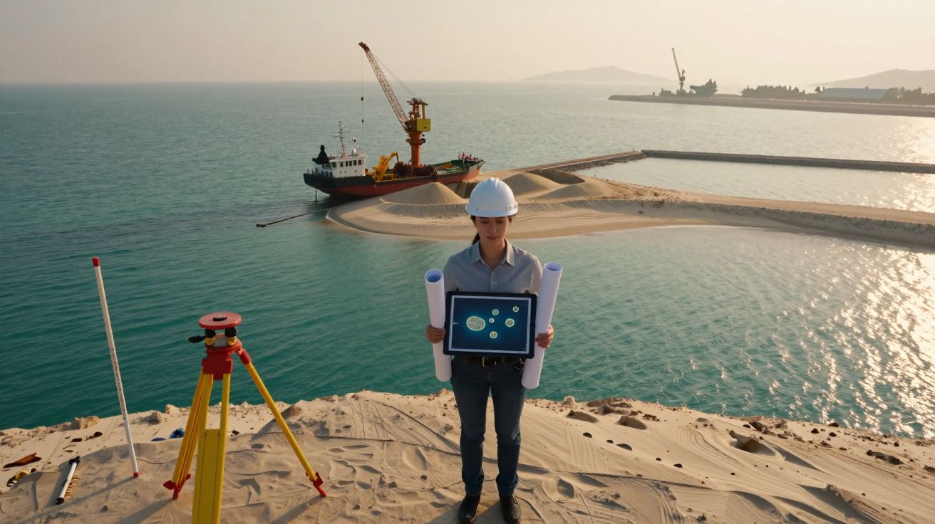 Engenheira na obra costeira com capacete, segurando pranchas e tablet, com guindaste e barco ao fundo.