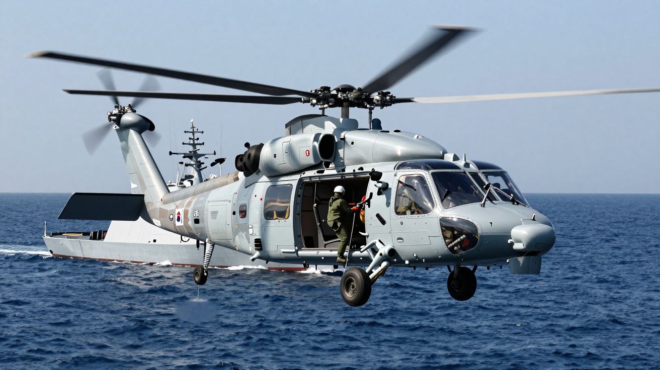 Helicóptero militar cinza em voo sobre o mar próximo a um navio de guerra branco.