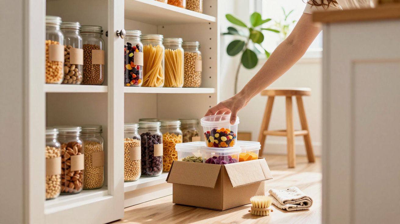 Mão a arrumar frascos de vidro com alimentos secos numa despensa organizada e luminosa.