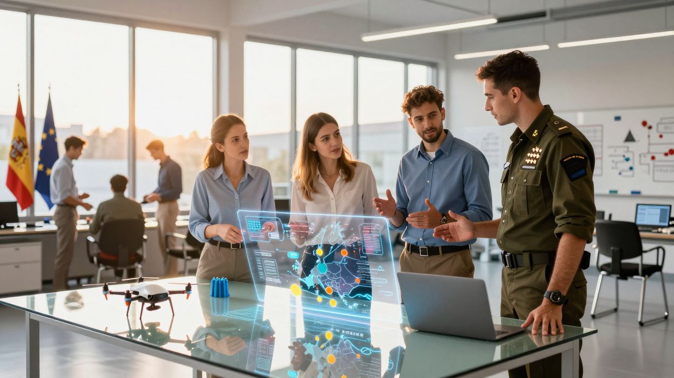 Equipa a discutir plano estratégico com holograma de mapa enquanto um militar participa na reunião.
