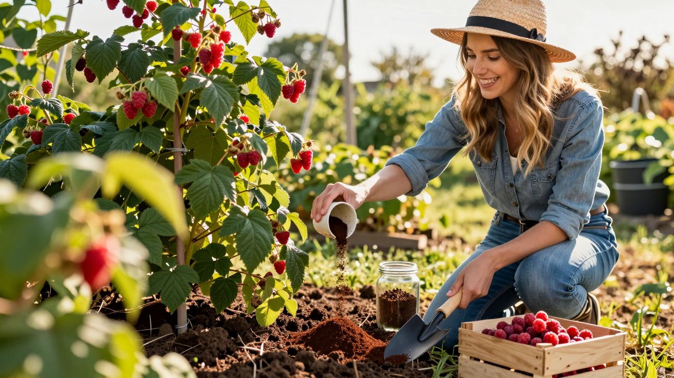 Mulher com chapéu a jardinar framboesas e a colocar fertilizante no solo num campo ao ar livre.