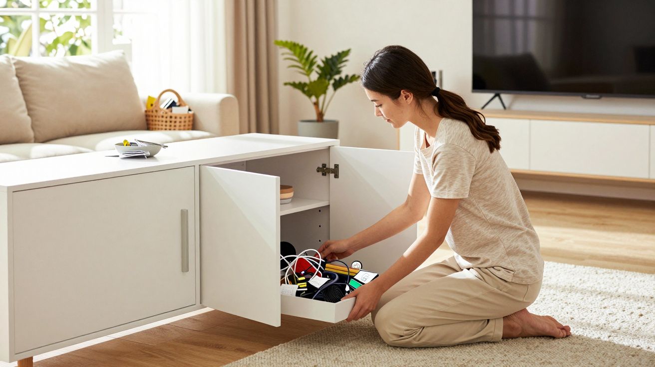 Mulher sentada no chão a organizar cabos e acessórios numa gaveta de móvel branco numa sala luminosa.