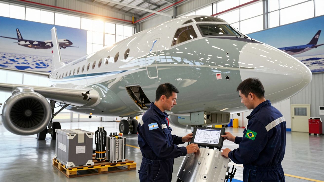 Dois técnicos com uniformes azuis trabalham com equipamento digital junto a um avião num hangar.