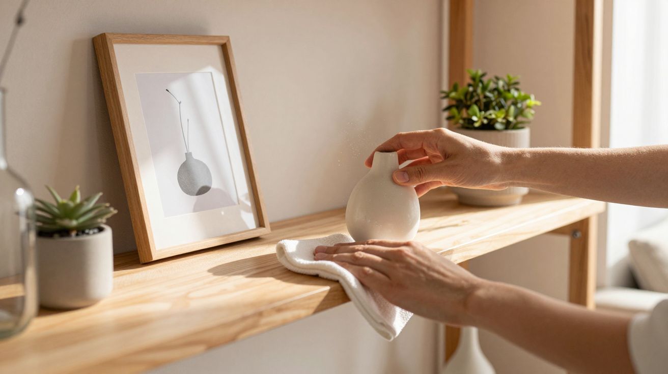 Mãos a limpar um vaso branco numa prateleira de madeira com plantas e um quadro decorativo.