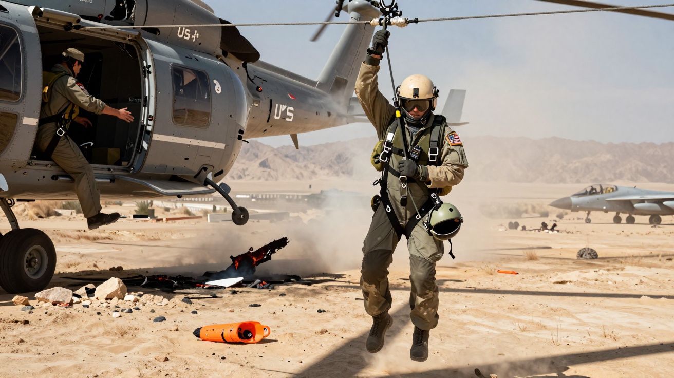 Soldado a descer de helicóptero militar em zona desértica, com outra pessoa a sair da aeronave.