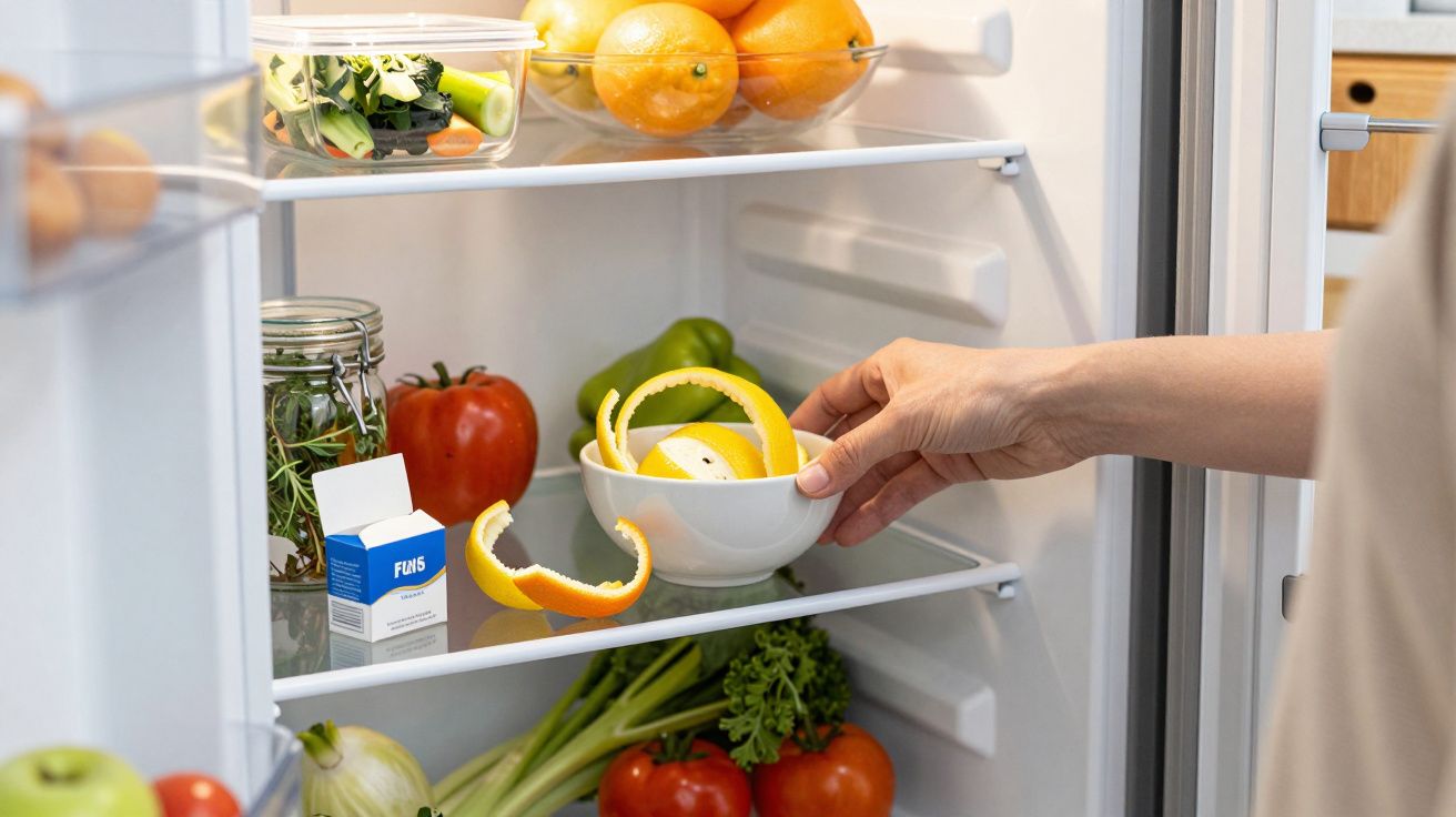 Mão a colocar casca de limão num prato dentro de um frigorífico com frutas e legumes.