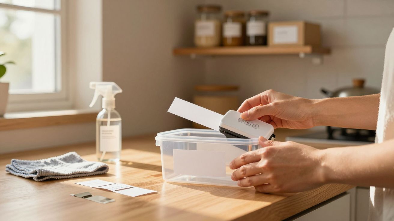 Mãos a etiquetar uma caixa plástica transparente numa cozinha iluminada naturalmente.