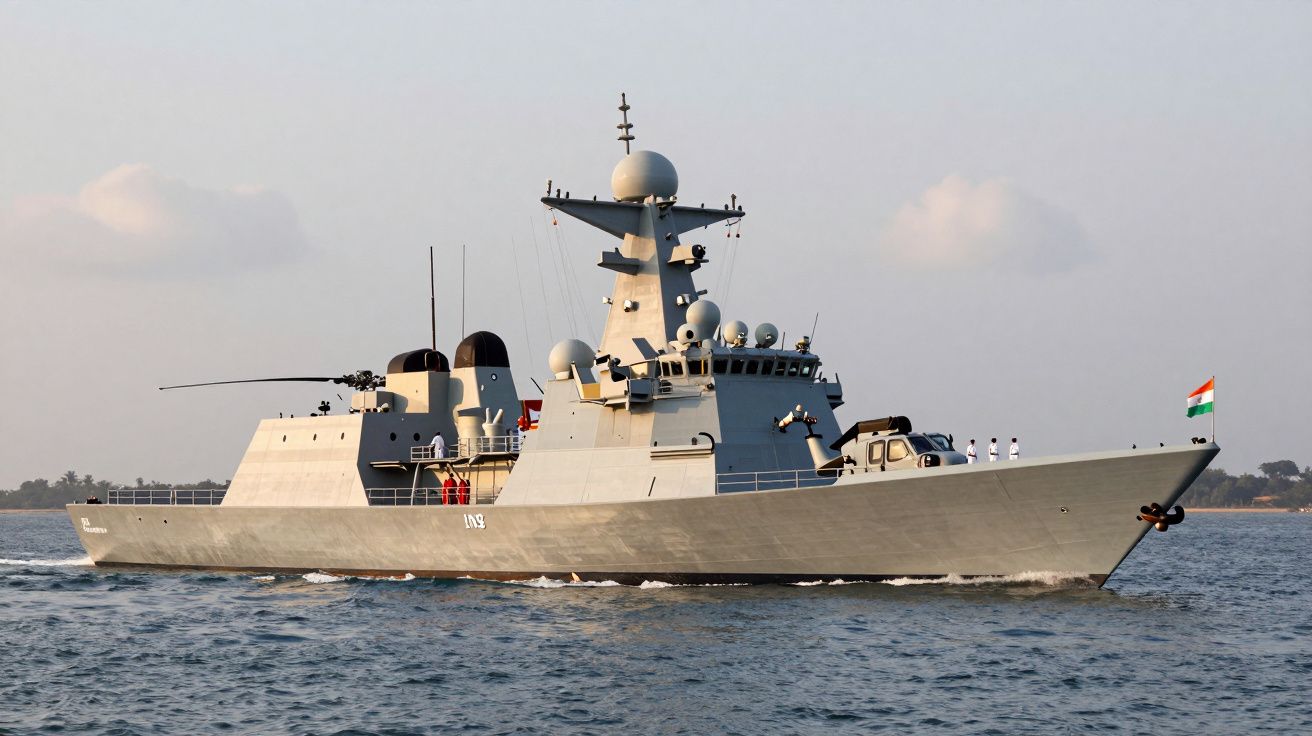 Fragata naval cinzenta com bandeira da Índia navegando no mar com céu nublado ao fundo.