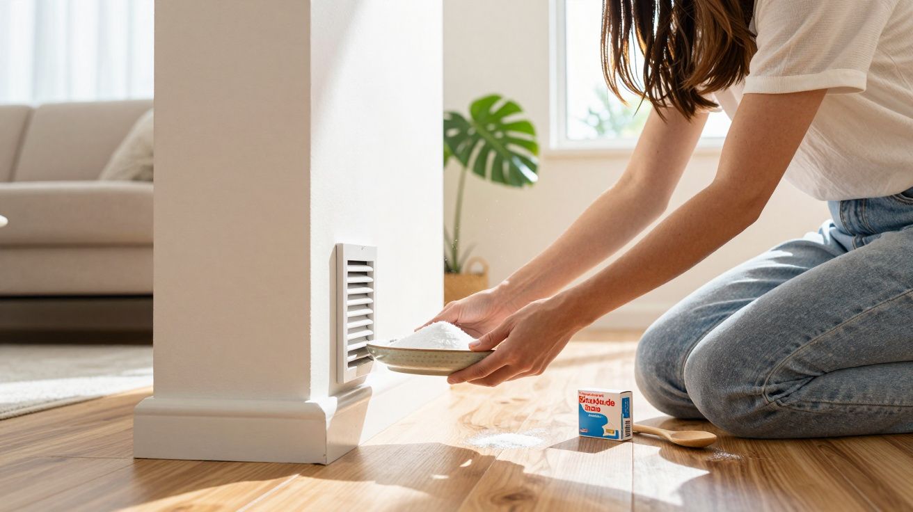 Pessoa a colocar bicarbonato de sódio perto de uma grelha de ventilação para limpeza ou desodorização.