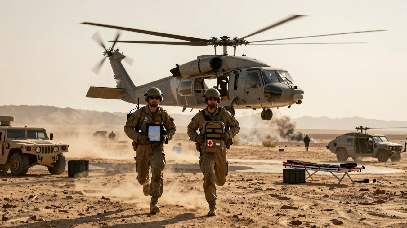 Dois militares com equipamentos médicos correm em deserto perto de helicóptero militar em voo baixo.