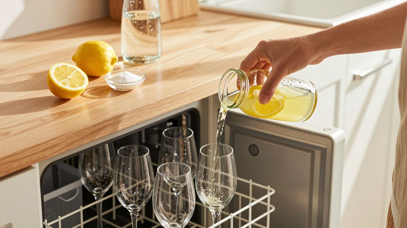 Pessoa a servir limonada com rodelas de limão em copo dentro da máquina de lavar loiça na cozinha.