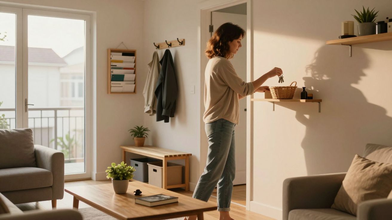 Mulher guarda chaves numa cesta numa sala de estar luminosa com mobília moderna e plantas verdes.