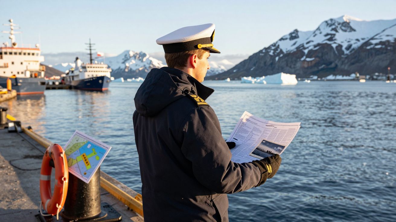 Marinheiro com farda e chapéu branco lê cartas náuticas junto a um cais com navios e montanhas geladas ao fundo.