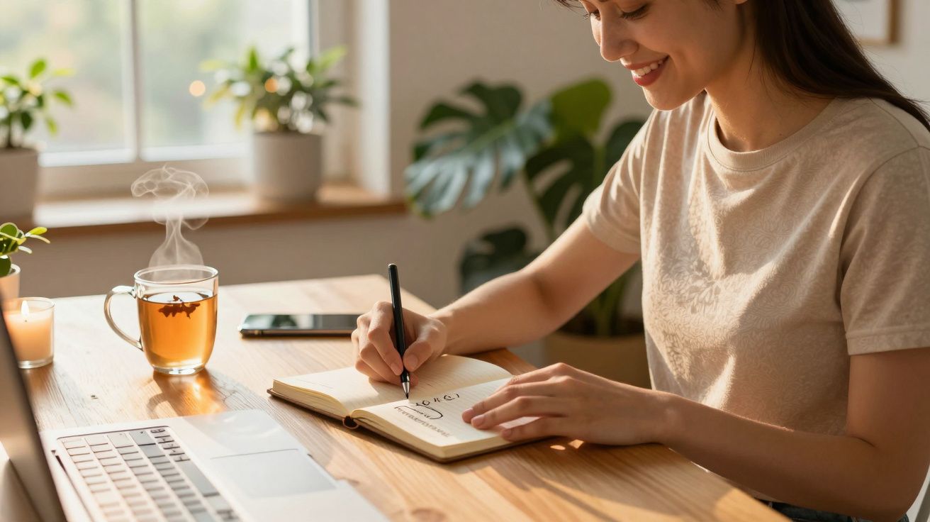 Mulher a sorrir enquanto toma notas num caderno, junto a um chá quente e laptop numa mesa de madeira.
