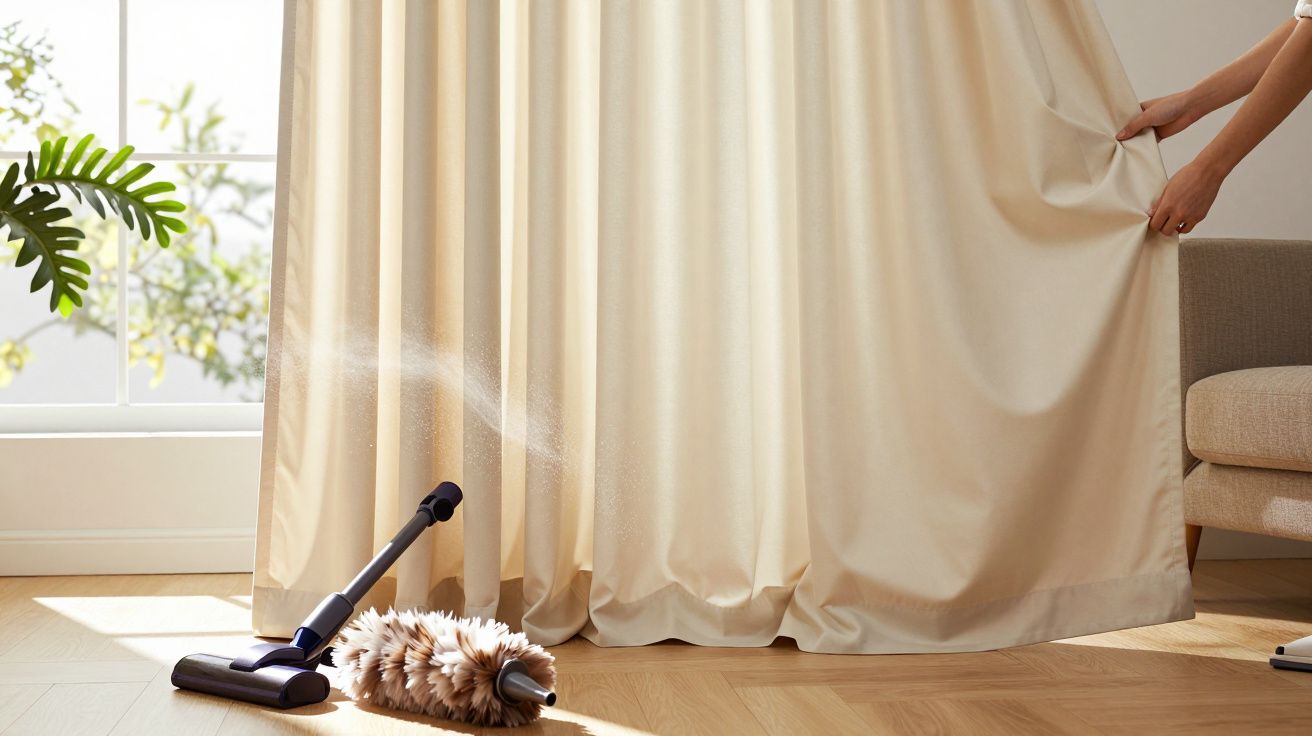 Pessoa a abrir cortina enquanto aspirador limpa renovando o ar num espaço luminoso.