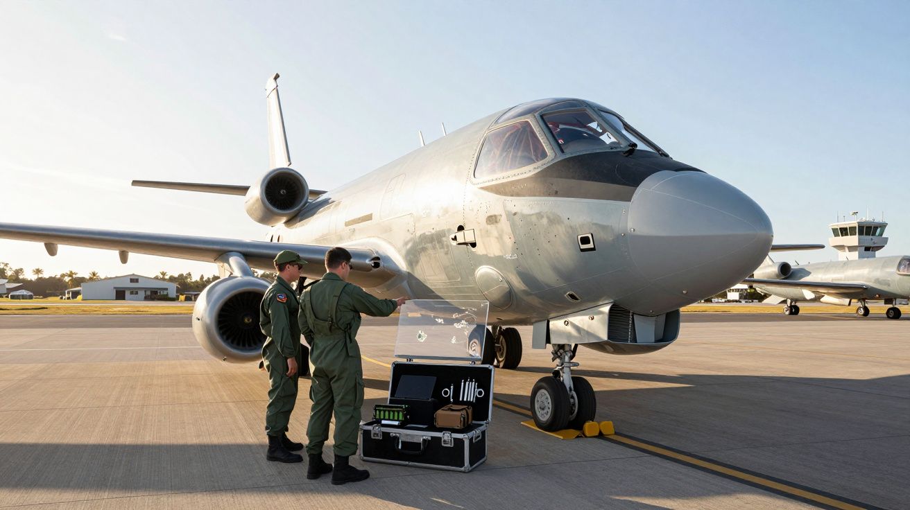 Dois militares junto a equipamento técnico em frente a um avião militar estacionado no aeroporto.