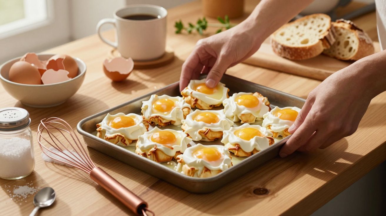 Tabuleiro com oito mini tartes salgadas com ovo estrelado numa mesa de madeira, com pão, café e ovos ao fundo.