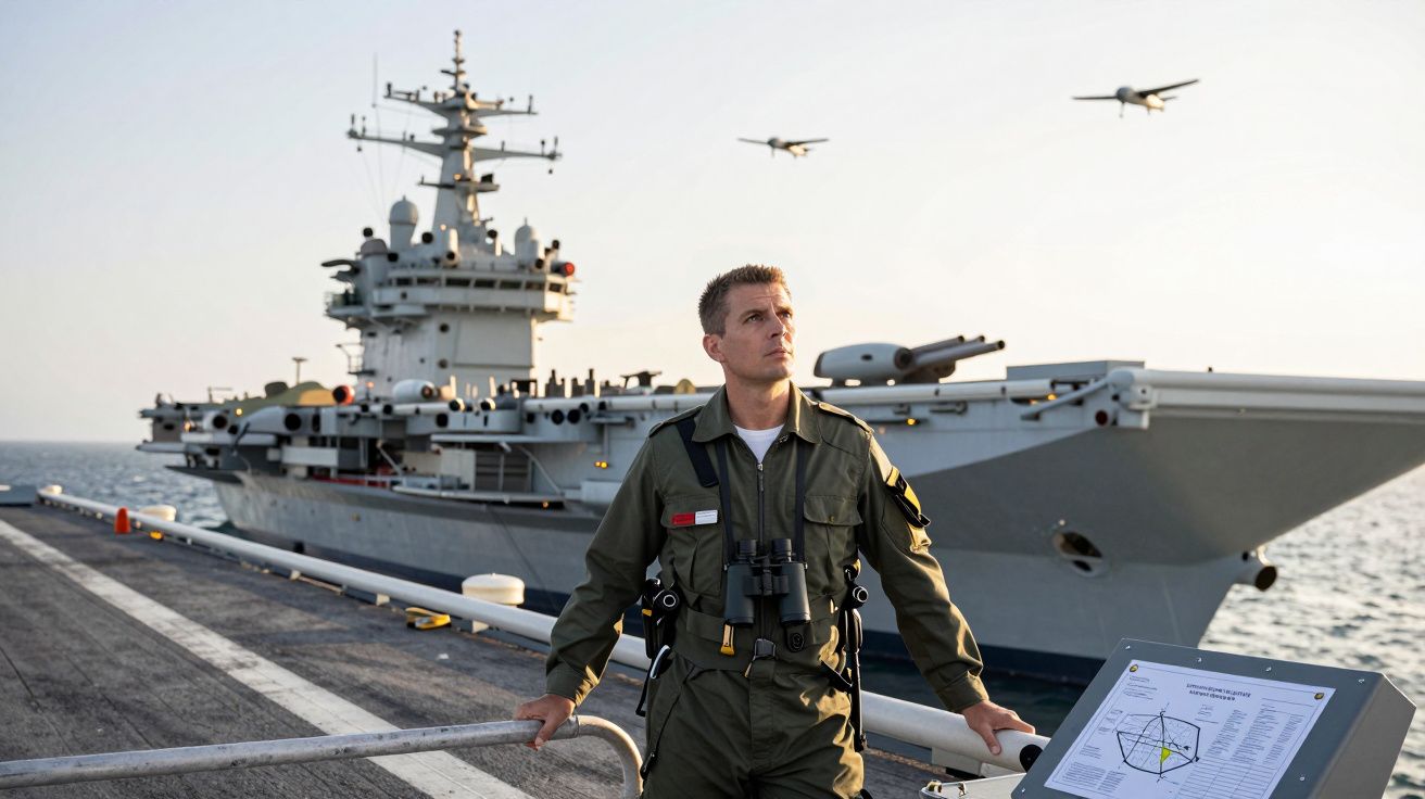 Homem em uniforme militar com binóculos em porta-aviões com dois drones a sobrevoar o mar.