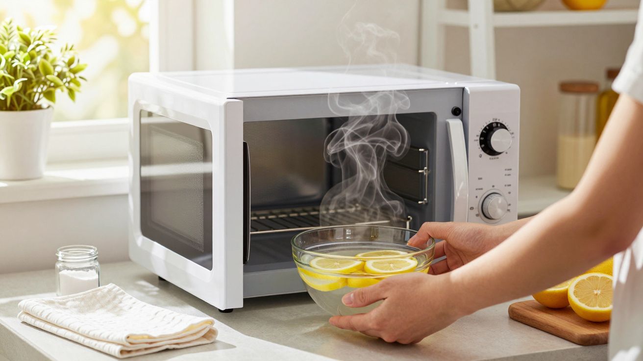 Pessoa a retirar tigela com água e limão quente de micro-ondas branco numa cozinha iluminada.