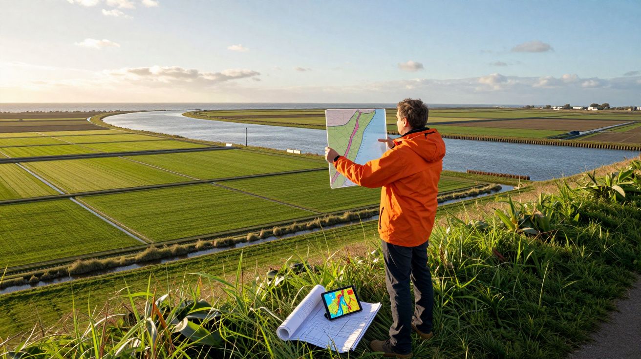 Homem com casaco laranja analisa mapa junto a rio e campos verdes numa paisagem rural ao amanhecer.