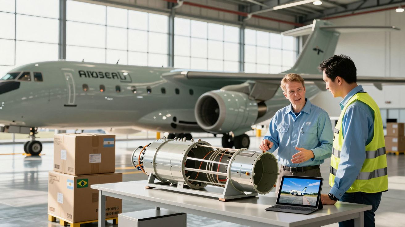 Dois homens discutem peça de avião numa oficina com avião comercial ao fundo e caixas de carga ao lado.