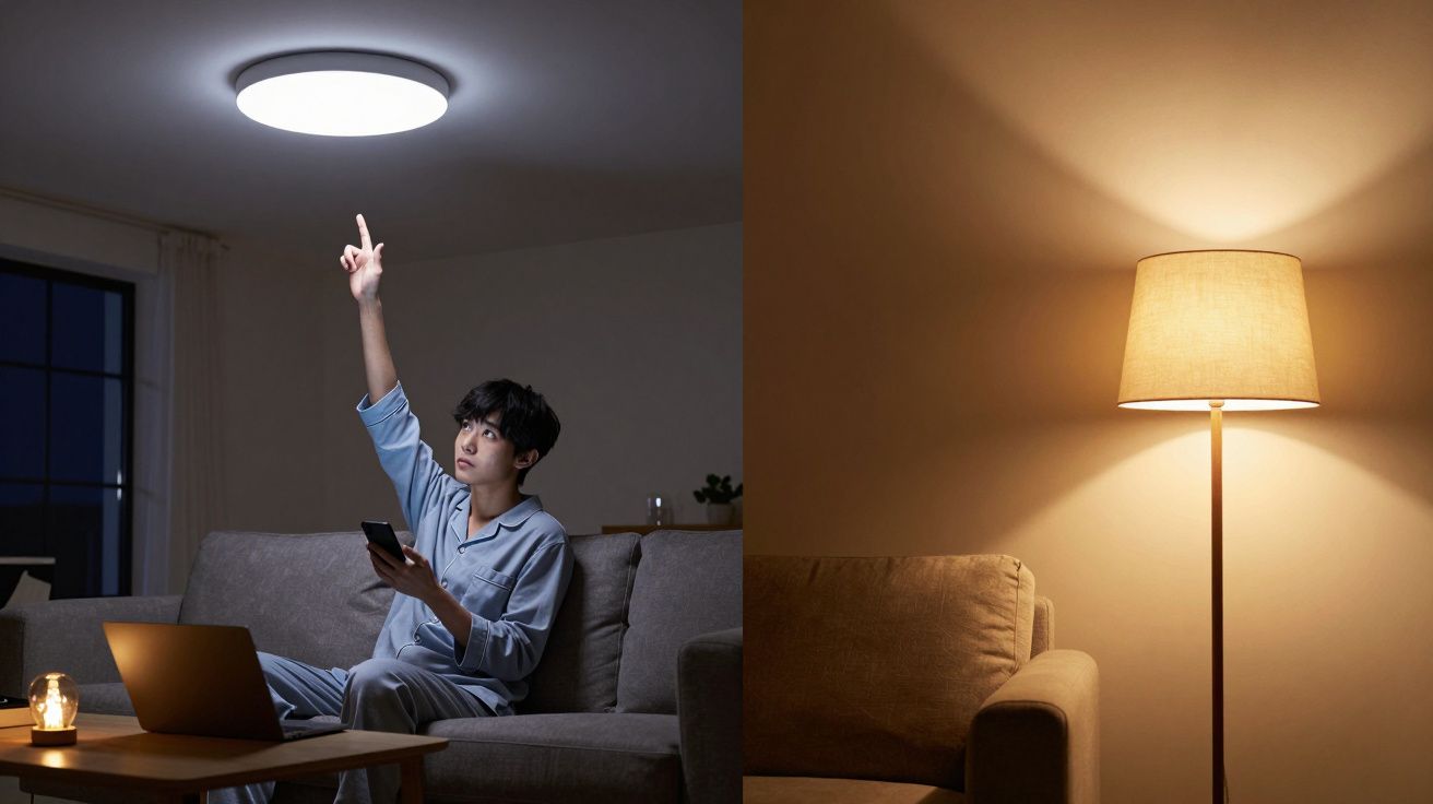 Homem sentado no sofá à noite a ligar a luz de teto, com computador portátil e telemóvel na mão.