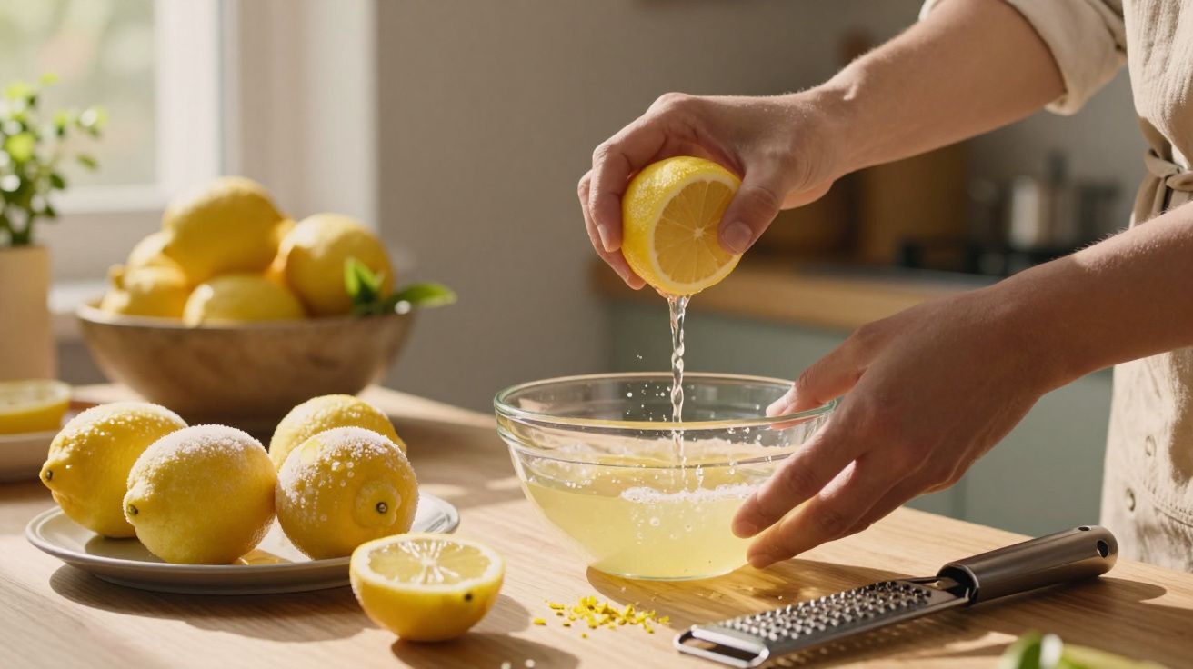Mãos a espremer limão num recipiente de vidro, com limões e ralador numa bancada de cozinha iluminada.