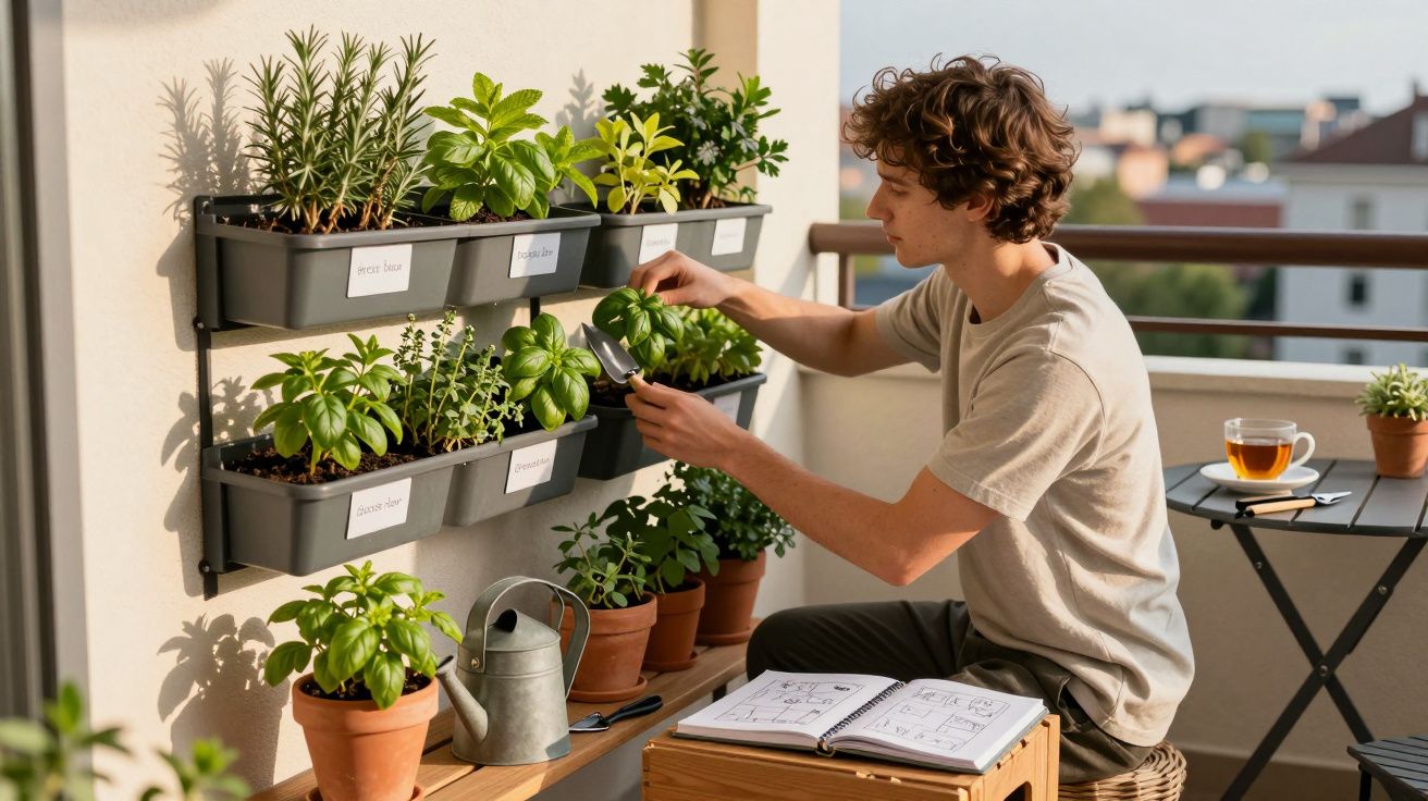Jovem a cuidar de plantas aromáticas num jardim vertical num terraço urbano com chá ao fundo.