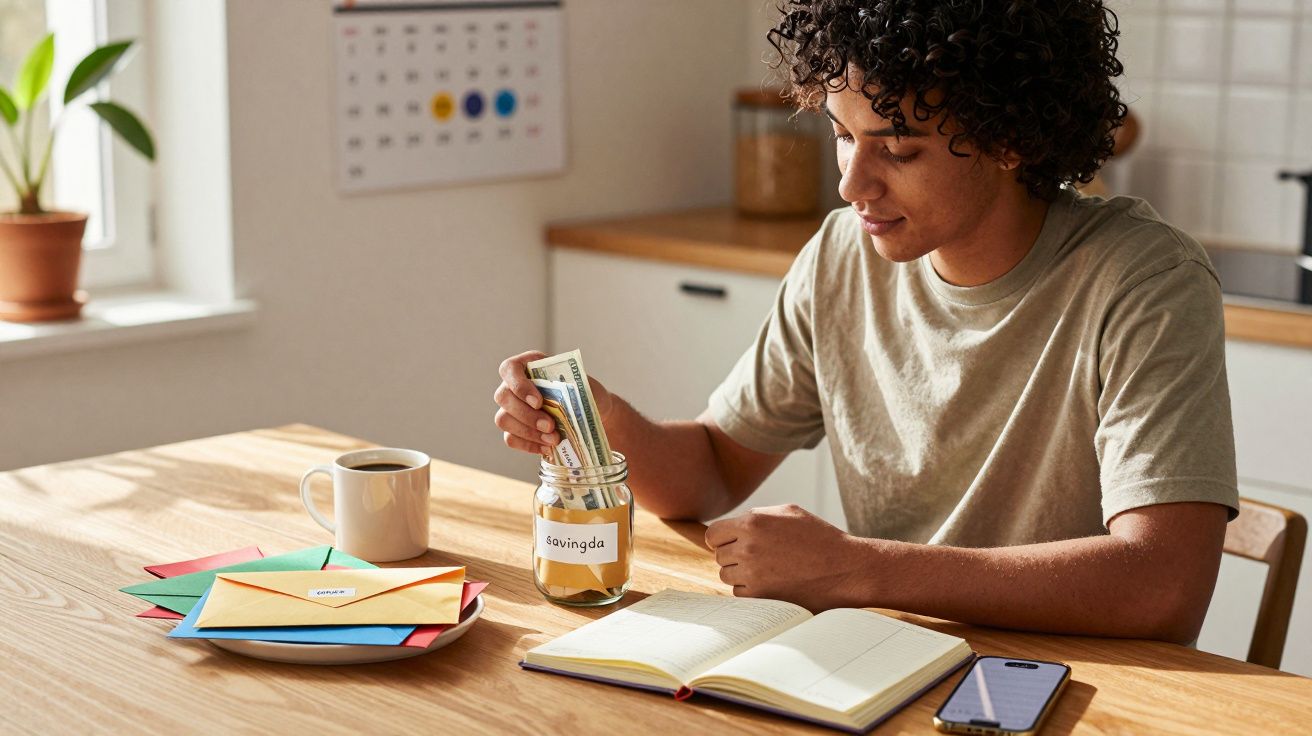 Pessoa a guardar dinheiro numa frasco etiquetado "economias" numa mesa com caderno, telemóvel, envelopes e chávena de café.