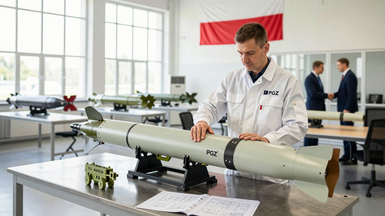 Homem em bata branca a inspecionar míssil numa sala com bandeira da Polónia ao fundo e dois homens a cumprimentar-se.